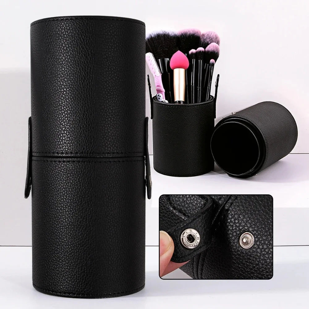 PU Leather Makeup Brush Bucket Portable Travel Cosmetic Bag Multi-Function Dust-Proof Waterproof Makeup Brush Cylinder